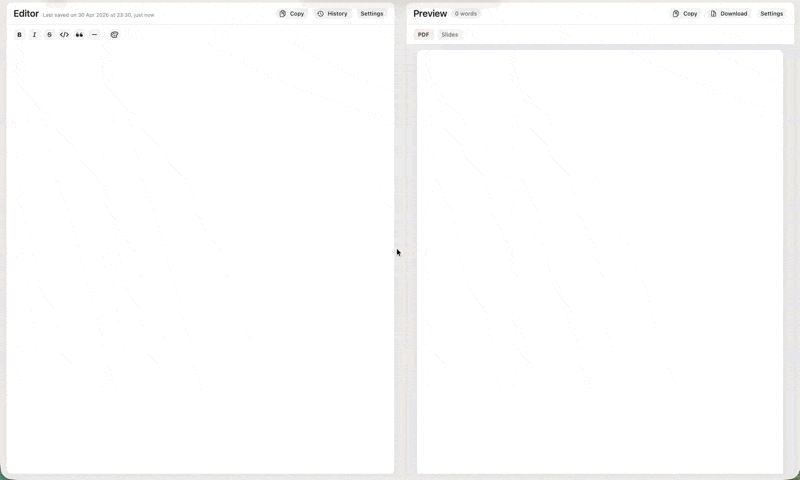 Writing Markdown while Minidocs updates the PDF preview beside the editor