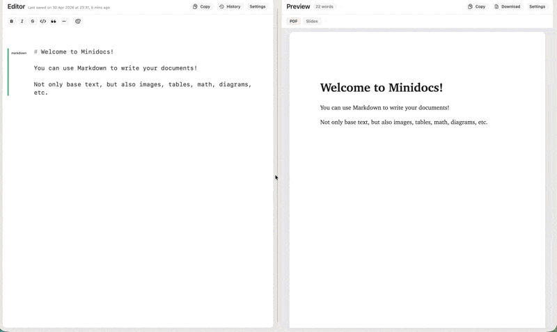 Using Minidocs slash commands to insert a table and an image